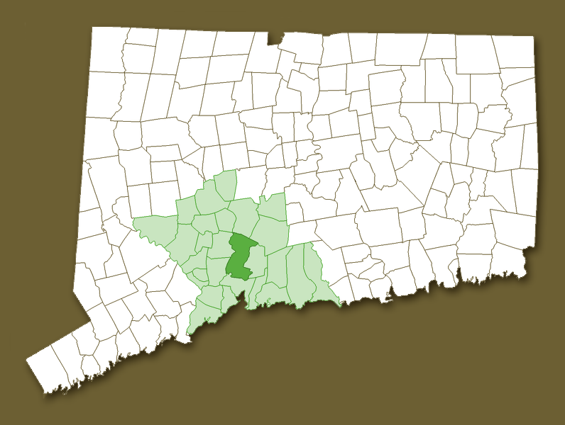 Map of CT with New Haven County and Hamden highlighted